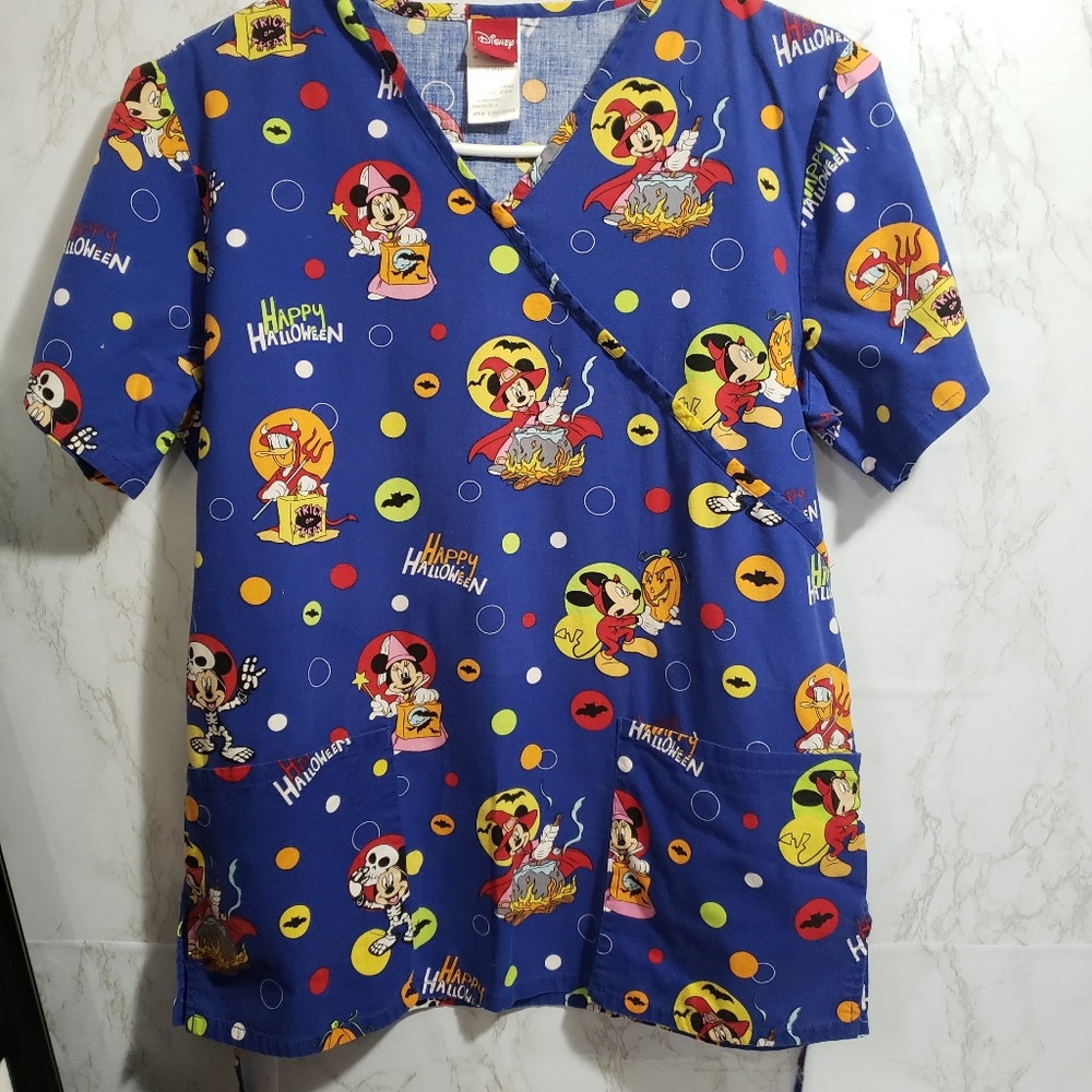 Disney Happy Halloween Scrub Top Blue Small